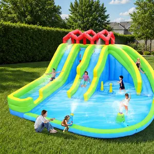 ARCH 7-in-1 Inflatable Water Park with Blower, Three Slides, Water Gun, Sprinkler, Climbing Wall, Oxford Fabric, Multicolor, Outdoor Backyard Lawn Bouncy Castle for Kids Children Toddlers, Family Fun Summer Water Play Center, Multicolor Color Options
