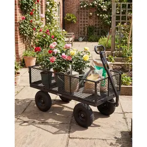 1000LBS Heavy Duty Steel Garden Cart, Garden Wagon Cart on Wheels, Metal Yard Utility Wagon with Removable Mesh Sides, 13" All Terrain Tires, 180° Rotating Handle for Lawn, Garden, Farm