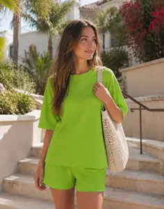 Women's Waffle Knit Lounge Set – Oversized Short Sleeve Top & Shorts Matching Set, Casual Summer Vacation Outfit
