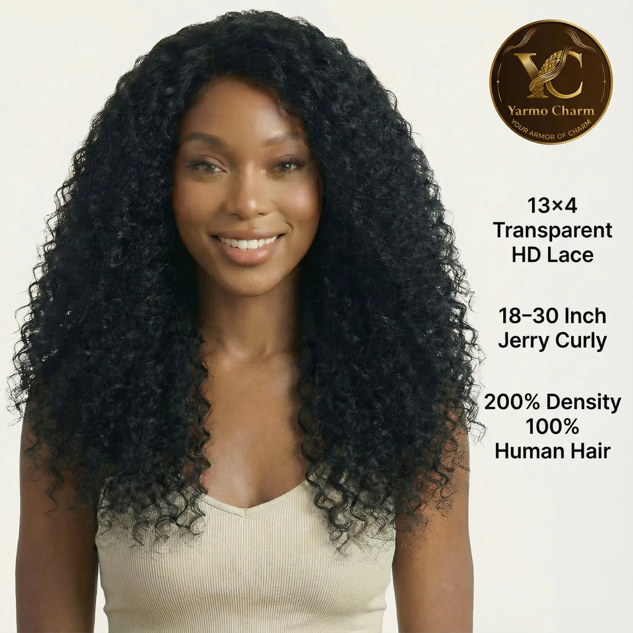 Yarmo Charm 13x4 Lace Front Human Hair Wigs 200 Density Jerry Curly Nature Color 18-32 Inches Full Voluminous for Natural Look 100% Human Hair