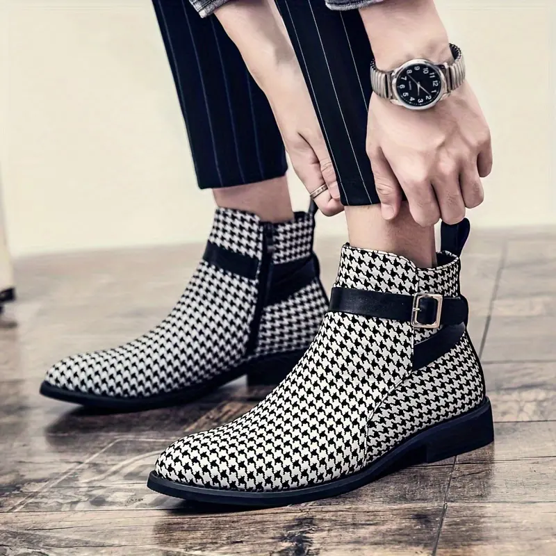 Men's Houndstooth Print High-Top Casual Skate-Style Boots - Closed Synthetic Footwear with PU Leather Finish, Buckle Strap, Rubber Sole, Shoe