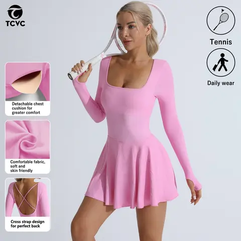 TCVC Women's Solid Criss Cross Backless Sports Dress Sporty Scoop Neck Long Sleeve Tennis Dress for Indoor Outdoor Wear Comfortable Fabric Soft & Skin Friendly,fitness gym wear,Women's Stretchy Casual Dress with Shorts bodycon mini dress Workoutdress