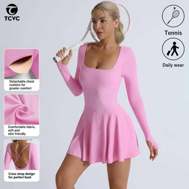 TCVC Women's Solid Criss Cross Backless Sports Dress Sporty Scoop Neck Long Sleeve Tennis Dress for Indoor Outdoor Wear Comfortable Fabric Soft & Skin Friendly,fitness gym wear,Women's Stretchy Casual Dress with Shorts bodycon mini dress Workoutdress
