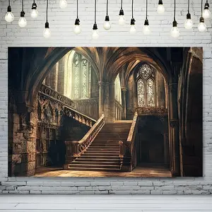 1pc Vintage Medieval Castle Interior Stairway Printed Backdrop Banner, Polyester Knit Art Theme Curtain for Various Room Types, Machine Washable, No Electricity or Battery Needed, Ideal for Weddings, Birthday Parties