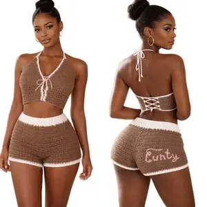 "Cocoa Kiss" Handmade Crocheted 2 Piece Set - Brown with White Accents, Halter Neck Top & Tie Back Shorts, Casual Summer Set