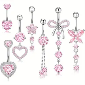 7Pcs Dangle Belly Button, Piercing Surgical Stainless Steel Belly Rings, 14G Belly Button Ring, Cute Heart Butterfly Flower Dangling Belly Piercing Jewelry For Women floating navel ring jewelry charm jewelry