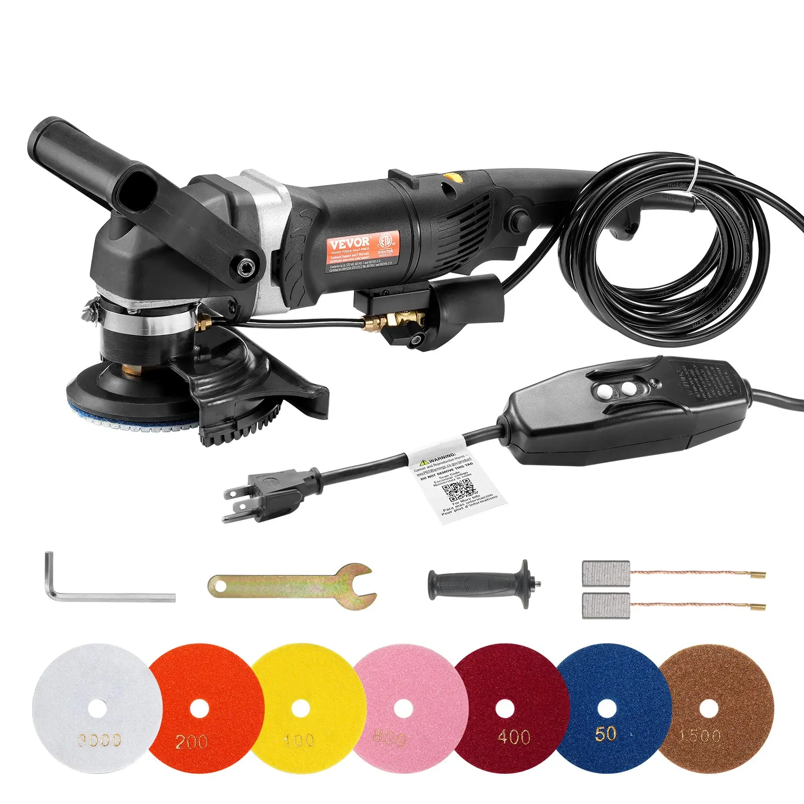 VEVOR 800W Wet Polisher 4" Concrete Grinder, 6-Level Variable Speed (700-3000 RPM), 7-Piece Polishing Kit, 3-Hole Water Head, Splash Guard, Side Handle, GFCI Safety Switch, Tool for Marble/Granite, Stone Finishes (16.3"x6.7"x8.7"), Safety First