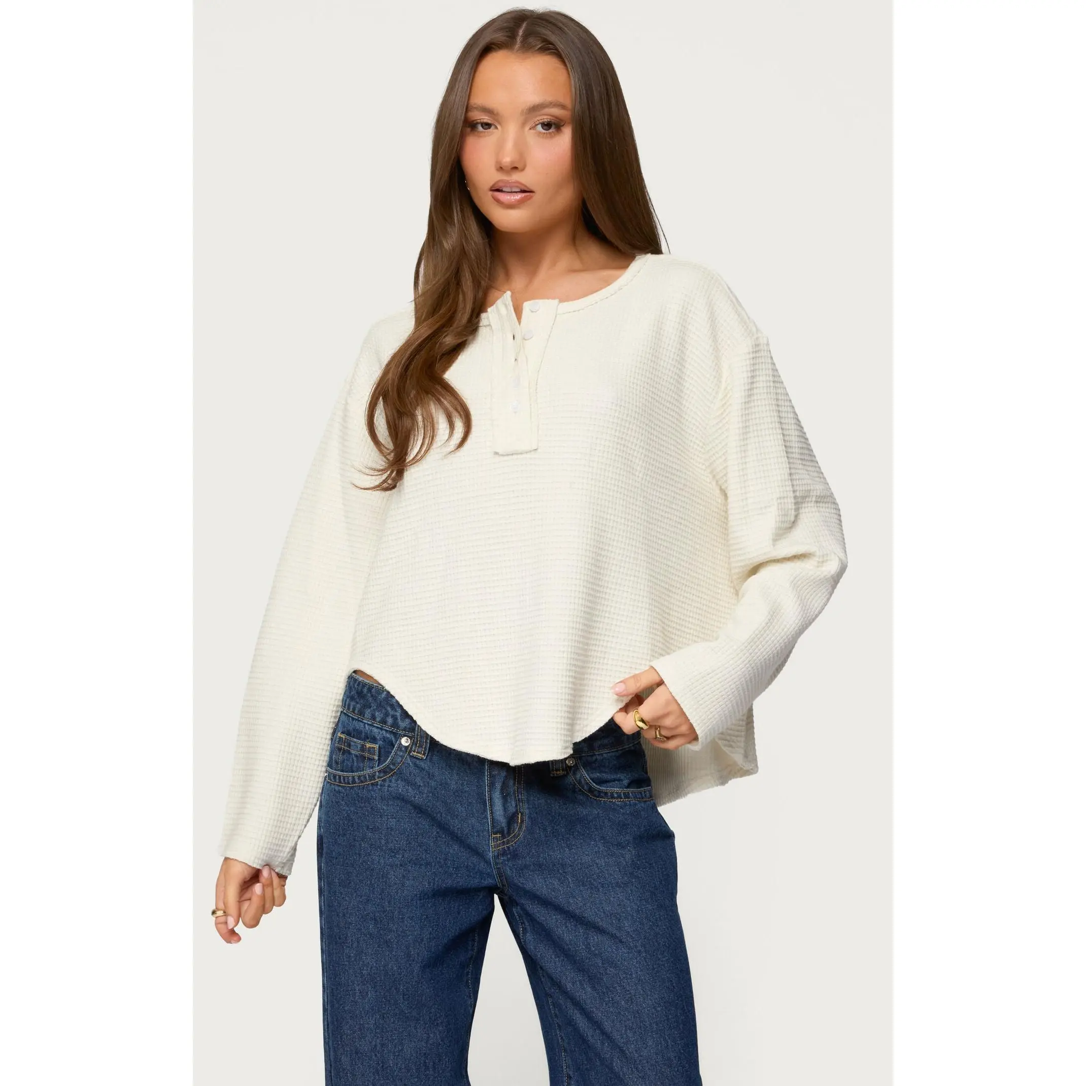 Edikted Women's Alisia Oversized Waffle Henley Top