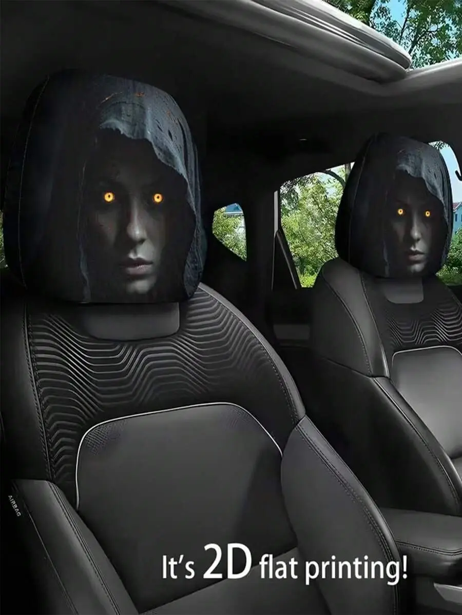 2 Pieces Modern Style Hooded Eye-Catching Mysterious Woman Pattern Car Headrest Cover, Upgrades Interior Decoration, Showcases Unique Charm, Elastic Design, Easy Installation Suitable For All Models, Applicable In All Seasons, Women's Car Accessories