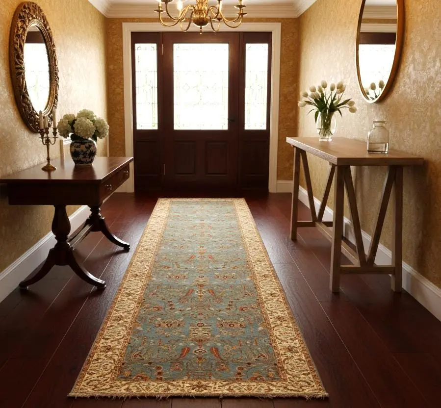16 ft Hand Knotted Wool Runner Rug, Extra Long Blue & Terracotta Persian Hallway Runner, 3x16 Traditional Floral Oushak Rug for Entryway