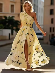 Women's Elegant Floral maxi dress - Mustard-Yellow & Green Floral print, Formal & Casual Events - Machine Washable Non-Stretchy Evening Gown for Weddings, Parties, Everyday Outfits - Spring/Fall/Summer Dress, Wedding Guest Attire, Sophistic
