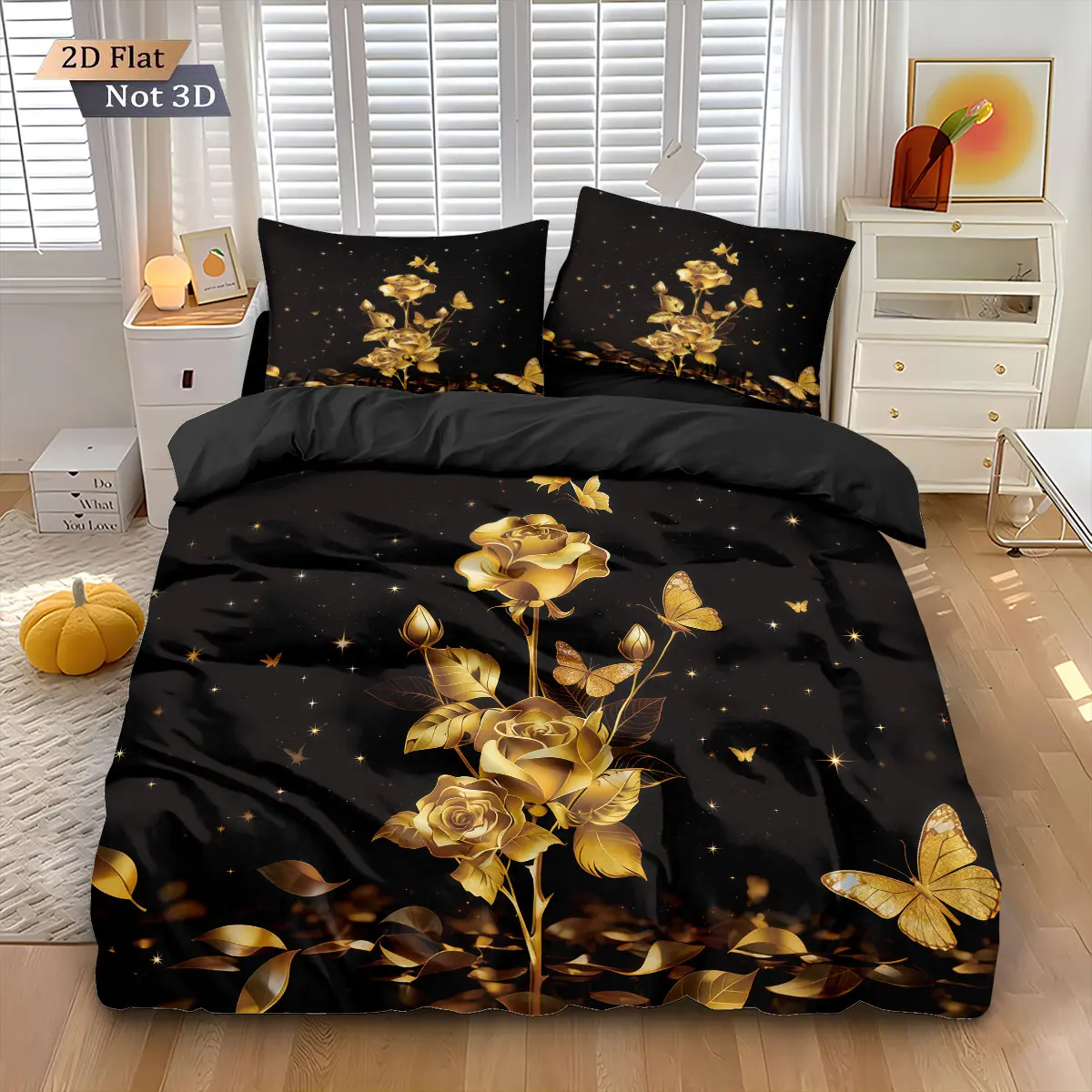 3-Piece Gold Flower Pattern Bedding Set, Perfect Bedroom Decor, Skin-Friendly and Stylish, Includes 1 Fitted Sheet and 2 Pillowcases