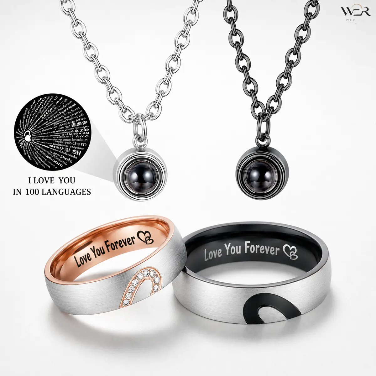 2-Piece Couple Jewelry Set, Matching Stainless Steel Necklaces with 100-Language 'I Love You' Pendant and 'Love You Forever' Engraved Rings, Hypoallergenic for Everyday Wear, Daily, Unisex, Elegant, Meaningful Connection