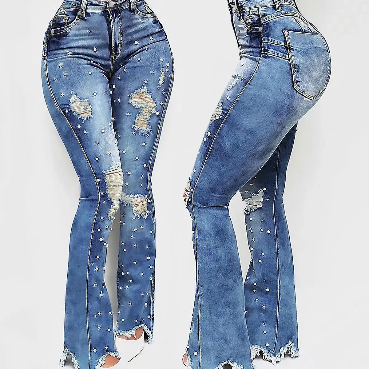 Stylish Women's Flared Embellished Jeans, Vintage Distressed Denim with Pearl Accents and a Shiny Finish, Lady, Bottom, Jeans For Women