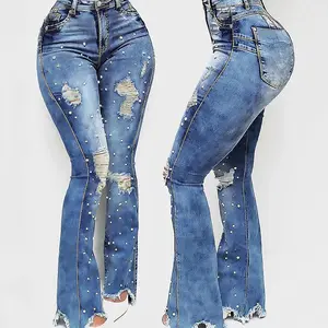 [US Shipping] MW Shiny Women's Trendy Flared Jeans - Pearl Accents & Distressed Details