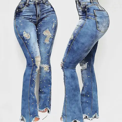 Women's Vintage Distressed Pearl-Embellished Flared Denim Jeans - Below the Ankle, Chic Style, Shiny Look, Flattering Hip Fit, Elegant Casual Womenswear Bottoms,sohochic
