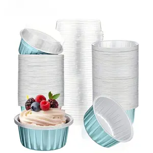 50 Sets Pink Mini Aluminum Foil Baking Cups with Lids, 5 Oz Dessert Baking Ramekins for Cupcakes, Creme Caramel, Cheesecake, Panna Cotta and Mousse, Ideal for Home Baking, Catering Takeout, Club Events, Wedding and Party Dessert Containers