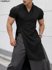 INCERUN Men's Fashion Tie-Dye Medium-Length Short Sleeve Open Front Jacket Top, Stylish Design for Daily Wear, Perfect for Casual, Plain, Menswear