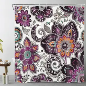Bohemian Paisley Floral Shower Curtain Purple and Black Flower Pattern Boho Bathroom Shower Curtain Retro Abstract Bathroom Curtain with Hooks 72Lx72W Inch Polyester Fabric Bath Curtain