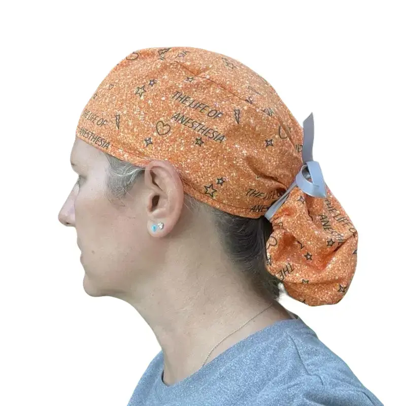 Life of ANESTHESIA Orange Glitter Print Ponytail Surgical OR Scrub Cap Hat Women's 100% Cotton with Cinching Ribbon Tie Back Eco-Friendly Reusable