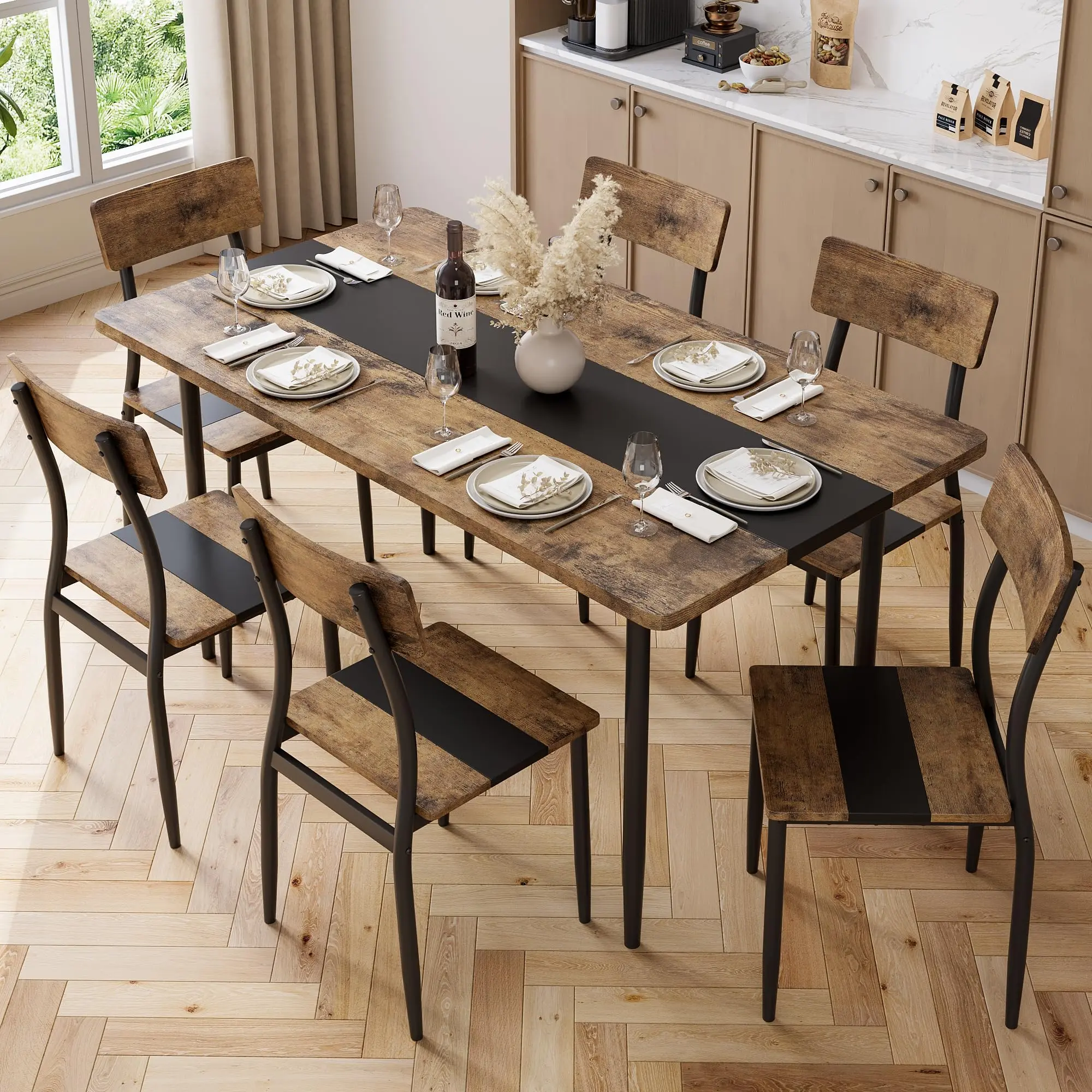 7-Piece Dining Table Set for 6, Industrial Kitchen Table and Chairs Set with Metal Frame, Two-Tone Splicing Desktop Design, for Apartment, Kitchen, Dining Room