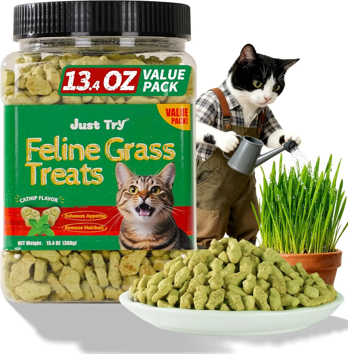 Cat Treats for Indoor Cats Hairball Control Natural Salmon Cat Grass Kitten Snacks Dental Care 13.4 oz