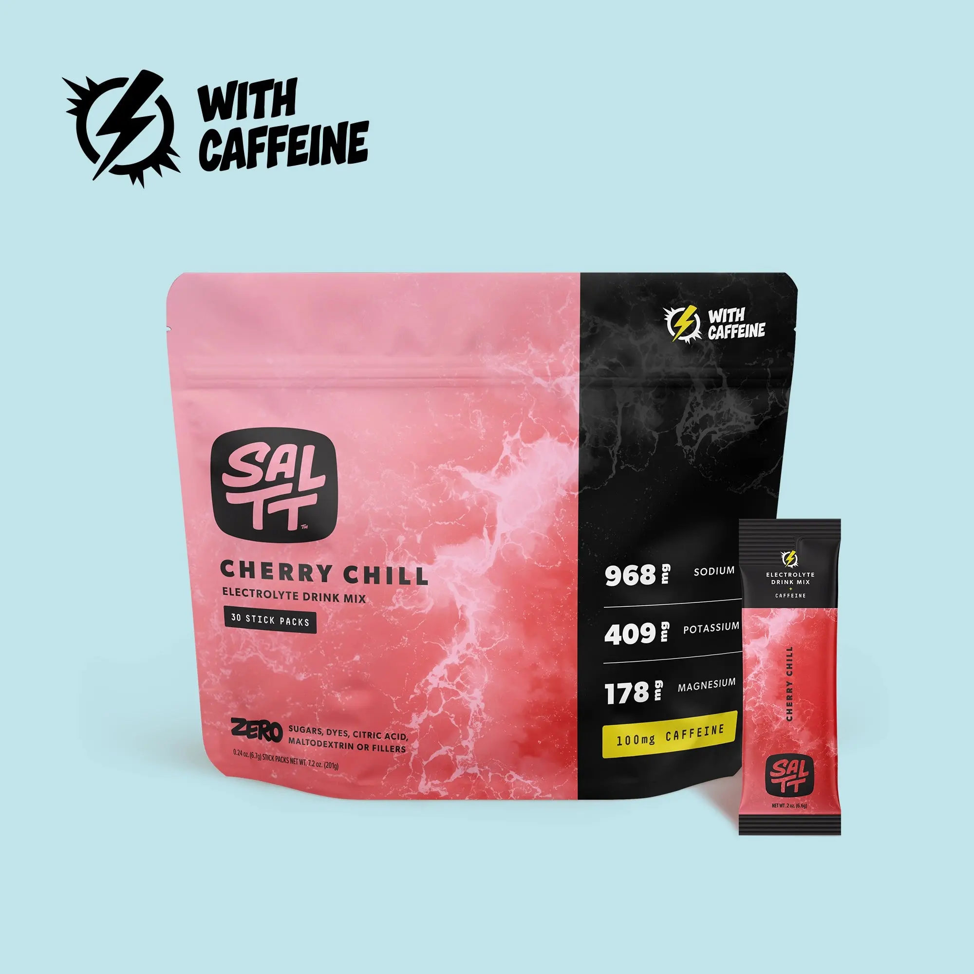 SALTT Cherry Chill Electrolyte Drink Mix - 100mg Caffeine - Sodium, Potassium, Magnesium - Zero Sugar - 30 Packets