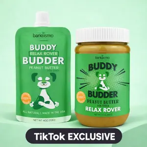 2pk Relax Rover Buddy Budder Peanut Butter Treat for Dogs 17oz + 4oz Squeeze Pouch - Calming Dog Peanut Butter, All Natural