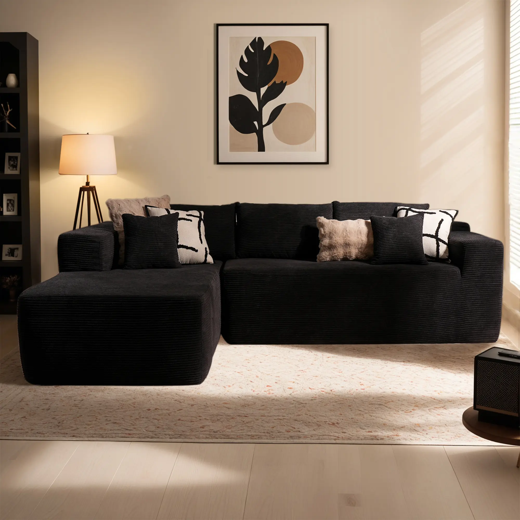 Black Corduroy Left Chaise| L-Shaped Sofa