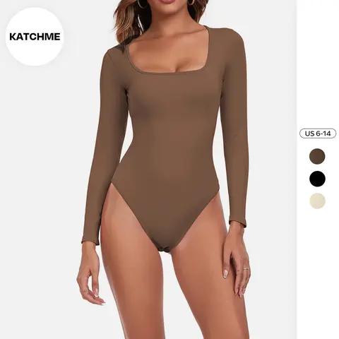 KatchMe Womenswear Casual Seamless Solid Color U Neck Long Sleeve Stretch Bodysuit,Shapewear for Women,Slim-Fitting Seamless Tummy Control Bodysuit