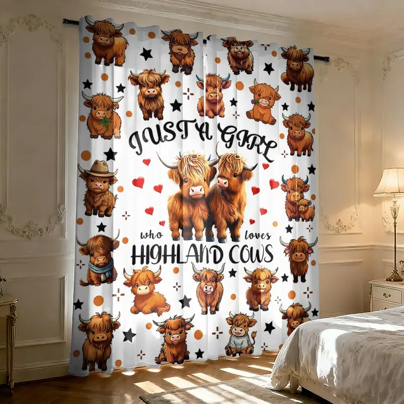 2-piece set Cute Highland Cow Printed Filtered Curtains, Window Drapes, suitable for decoration of teenage bedrooms, children's rooms, rural guesthouses. Durable, wrinkle-resistant, machine-washable, fade-resistant