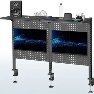 Clamp-on Pegboard with Monitor Mounts & Shelf - Up to 32" Screens