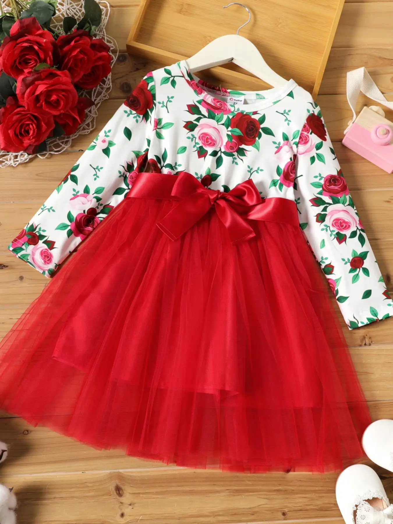 Toddler Girl's Floral Print Tie Front Contrast Mesh A Line Dress, Elegant Round Neck Long Sleeve Dress for Party Holiday Wedding Guest, Kids Spring Cl