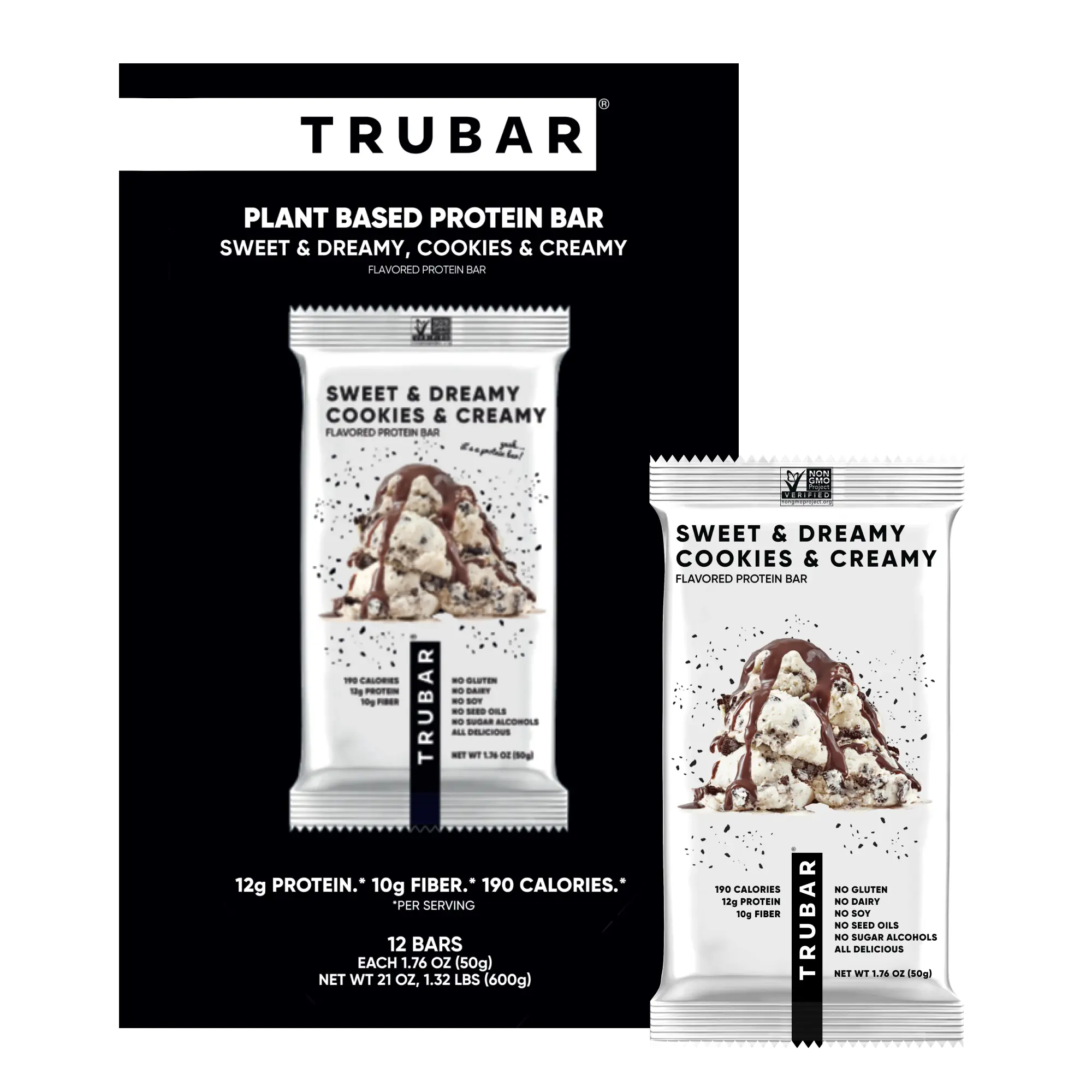 TRUBAR Vegan Protein Bar, Sweet & Dreamy, Cookies & Creamy, Gluten Free, Plant Based Protein, Dairy Free, Non GMO, Soy Free, No Sugar Alcohols, 12 CT Protein Snack Bar Healthy Protein Snack