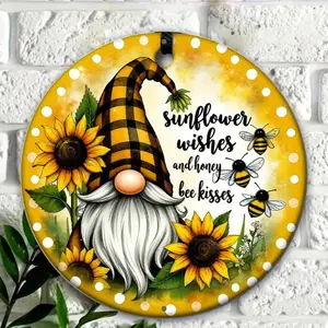 Aluminum Sunflower Ornament 8 Inch Round Wreath Sign with Honey Bee for Home Garden Office Wall Decor Holiday Christmas Spring Festival Housewarming Gift