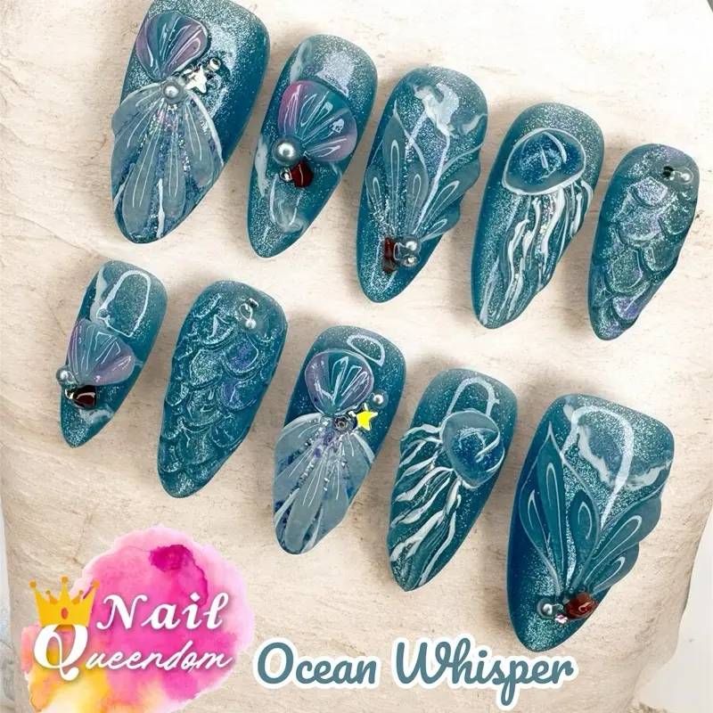 Nail Queendom[OCEAN WHISPER] Handcrafted 3D Press-On Nails Reusable Long Lasting Salon Quality Easy Application 10 Pieces Set Eco-Friendly 3D-gel Finish