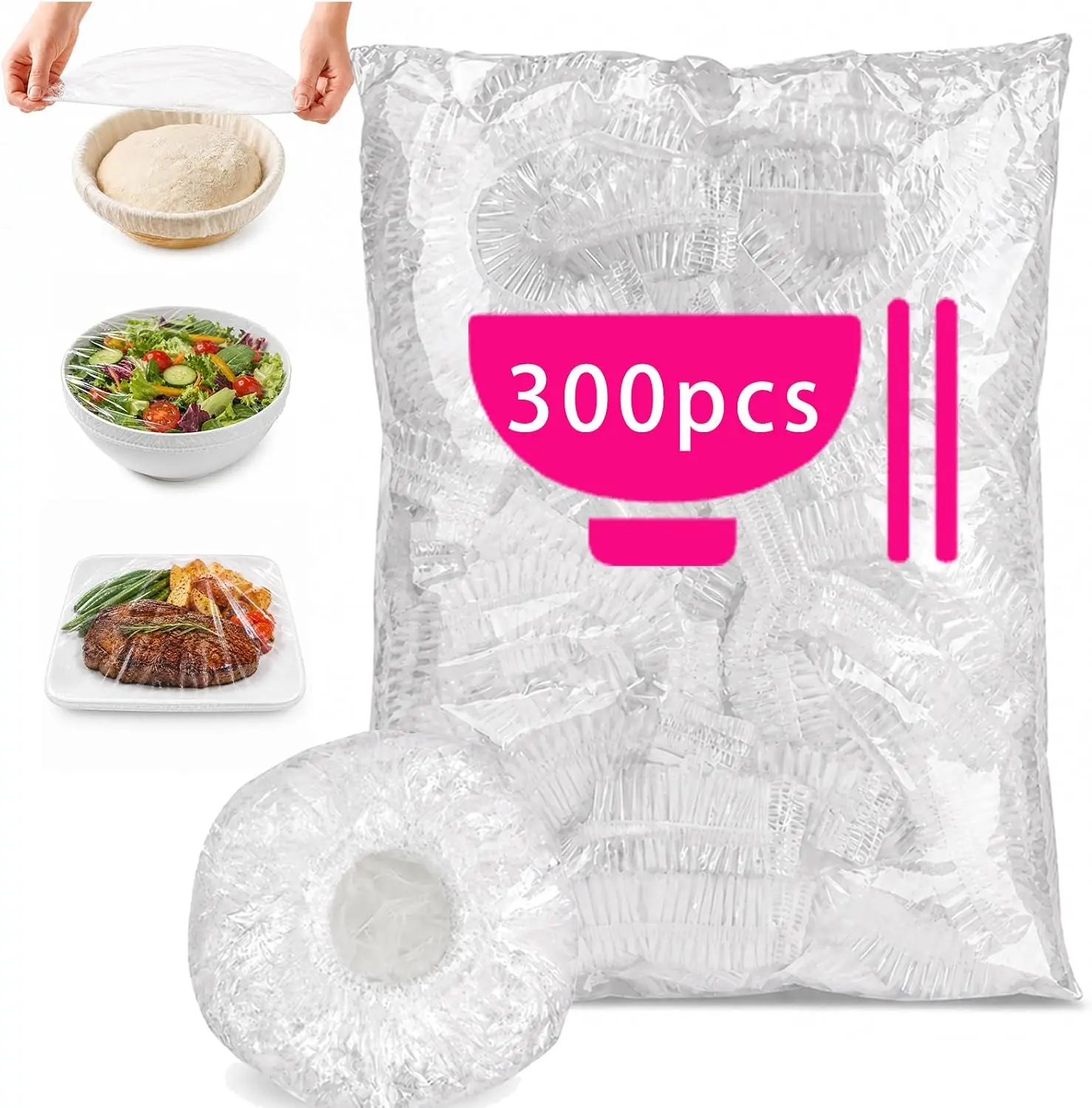 300PCS PE Plastic Elastic Disposable Stretchable Food Covers, Universal Storage Wraps for Bowls, Plates & Containers, Fresh-Keeping Leftover Covers for Kitchen Use & Outdoor Picnics