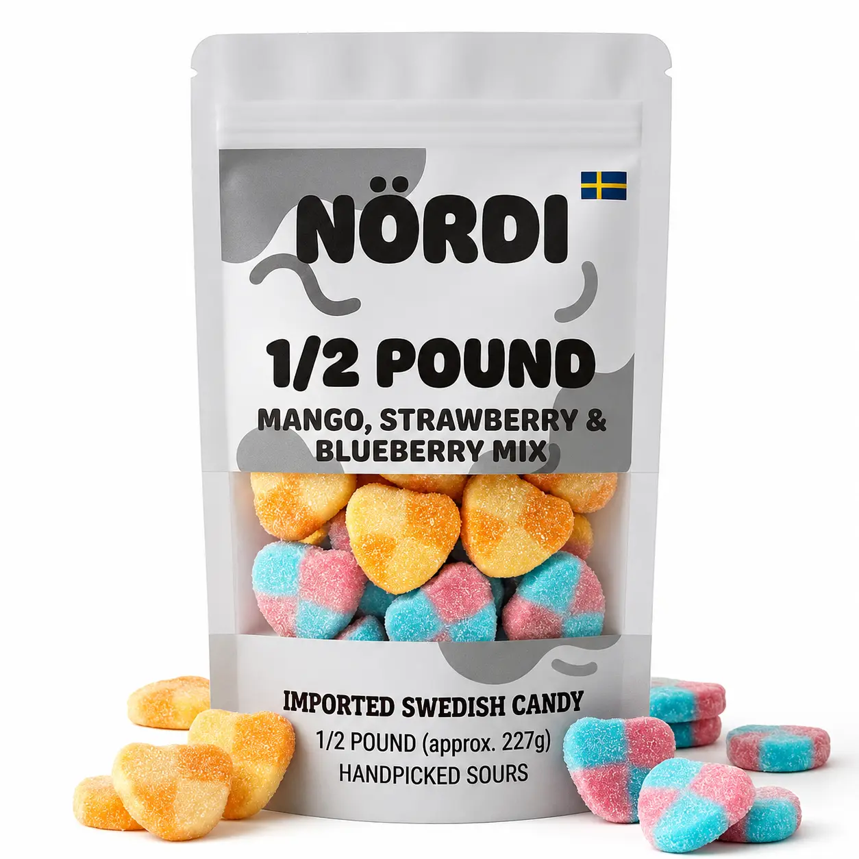 NORDI Sour Mango & Berry Fruit Bears Snack - Swedish-Style Premium Sweet & Sour Chewy Candy Mix - Mango, Blueberry, Strawberry Gummies - 0.5 lb Imported Swedish Candy Bag