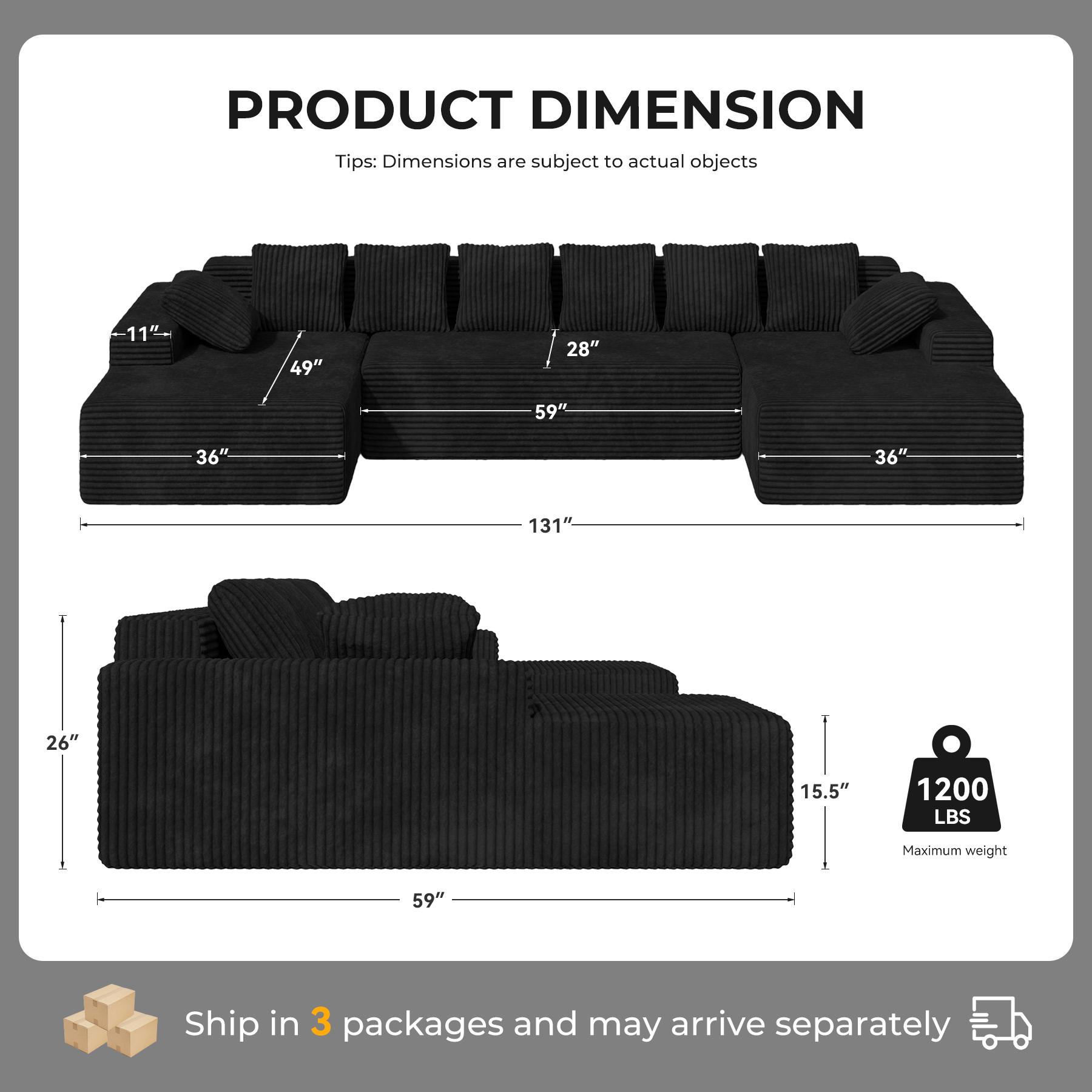 【3 Packages shipping】131'' Large Sectional Couches with Chaise Lounge, U-Shaped No Assembly Required Deep Seat Modular Cloud Sofa for Living Room 1PCS, Bedroom