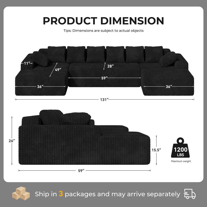 【3 Packages shipping】131'' Large Sectional Couches with Chaise Lounge, U-Shaped No Assembly Required Deep Seat Modular Cloud Sofa for Living Room 1PCS, Bedroom