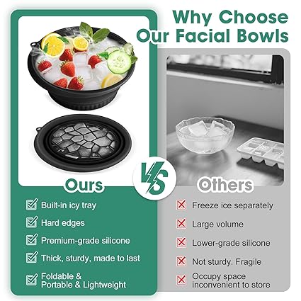 Silicone Ice Face Bowl with Built in Ice Tray Collapsible Facial Ice Bath Spa Tool Portable