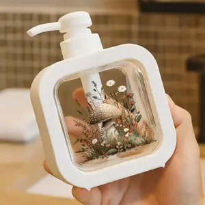 Moisturizing Soap Pump Bottle, Soap Dispenser - Whimsical Vintage Illustrated Style with Large Light Brown Mushroom & Wildflowers, Ideal for Kitchen Sink & Bathroom Decor