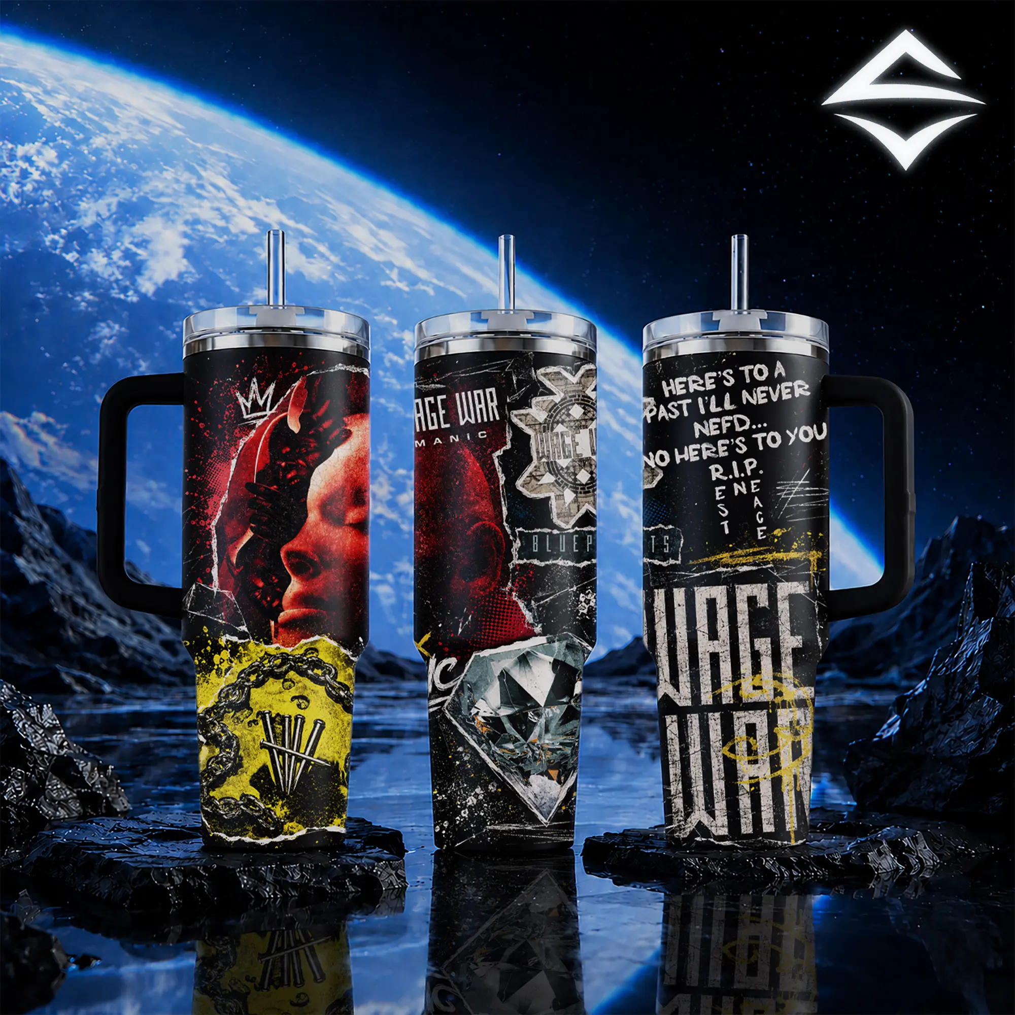 Wage War Band Merch 40oz Tumbler with Handle & 20oz Skinny Insulated Stainless Steel Mug, Manic Blueprints Metalcore Rock Music Fan Gift, Travel Coffee Cup Water Bottle Leakproof with Straw Art