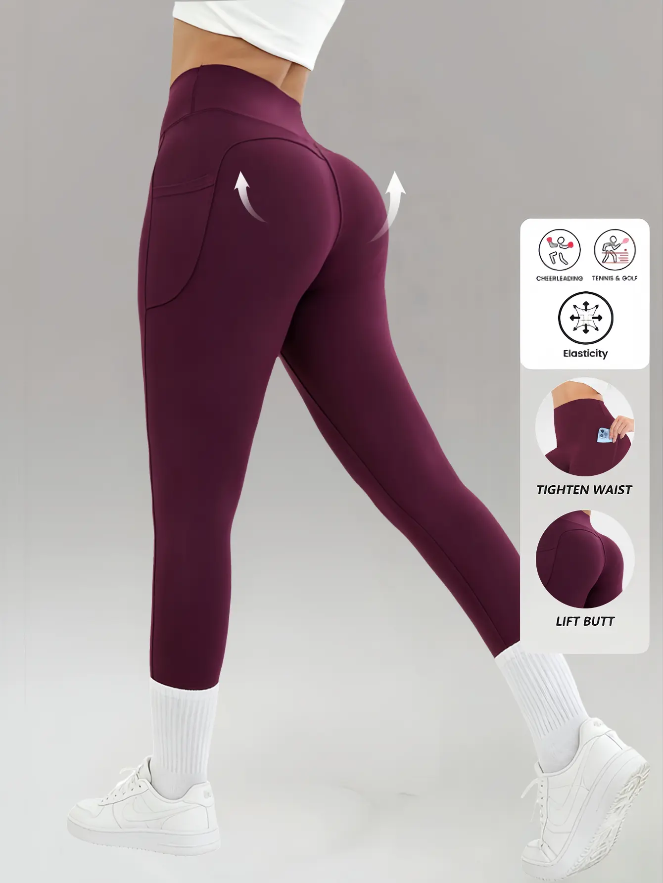 High Waist Butt Lift Leggings with Side Pockets Tummy Control Stretch Workout Yoga Pants for Running Golf Sports