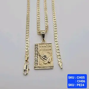 Santa Biblia Praying hands with clear stones Pendant, Cuban Link Necklace 24 & 18 Inches 4mm wide Laminated Gold Religious Jewelry Laminated Gold Elegant Design