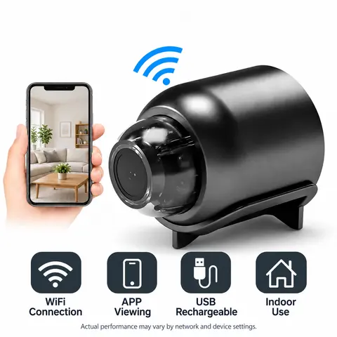 X5 Mini WiFi Security Camera for Home Safety Monitoring, USB Charging, Cable Connection, Built-in Rechargeable Polymer Batteries, Easy Install, Quick Setup, Essential Accessories Included