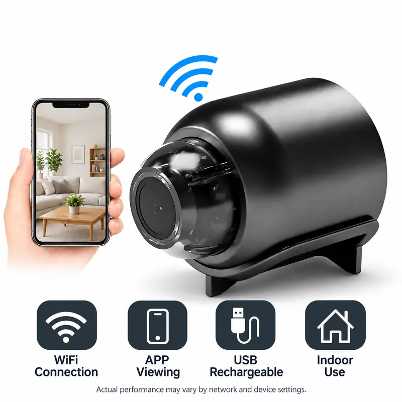 X5 Mini WiFi Security Camera for Home Safety Monitoring, USB Charging, Cable Connection, Built-in Rechargeable Polymer Batteries, Easy Install, Quick Setup, Essential Accessories Included