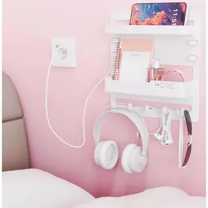 TRAIL RECKONING Bedside Wall Organizer for Dorm Bed,Rv,Small Room and Nightstand,Wall Mounted Floating Shelves and Bedside Shelf for Remote,Phone Holder, Shelf,Cute Bedroom Decor for College Girl,White