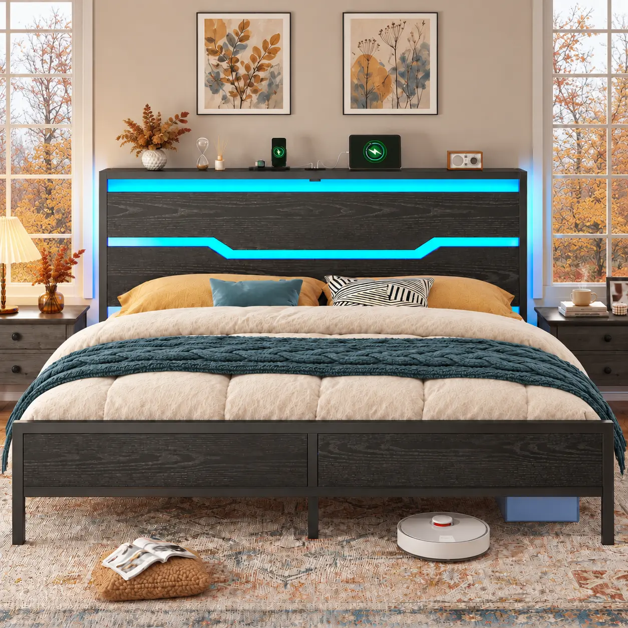 Raybee LED Bed Frame for Queen King Full with Headboard & Storage Shelf, No Mattress, Modern Industrial Wood Platform Bed Frame with Built-In Charging Station, No Noise, Capacity 900LBS with Metal Slats for Bedroom, First Apartment, Teens, Dorms
