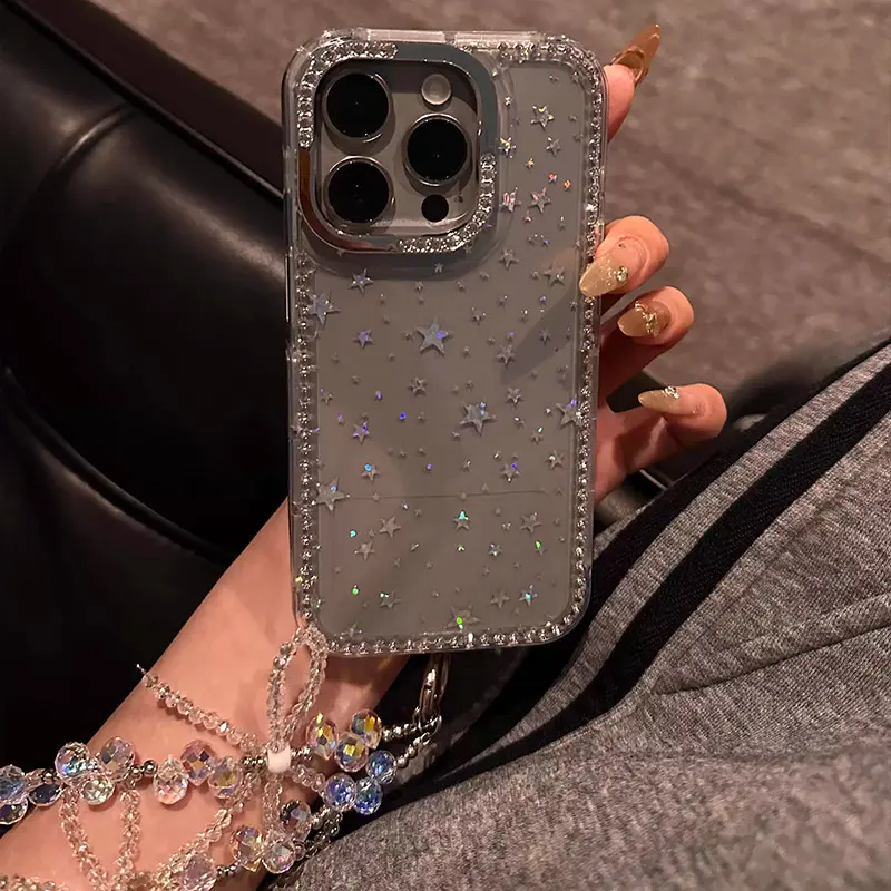 Laser Star Sparkling Diamond Frame Phone Case with Chain for iPhone 11 12 13 14 15 16 17 pro max
